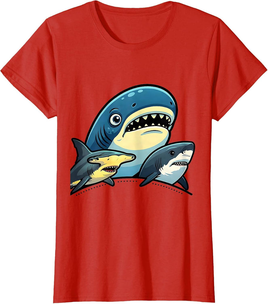 Women's Shark Heads Cartoon Whale Hammer Great White Animal Lover T-Shirt - Red