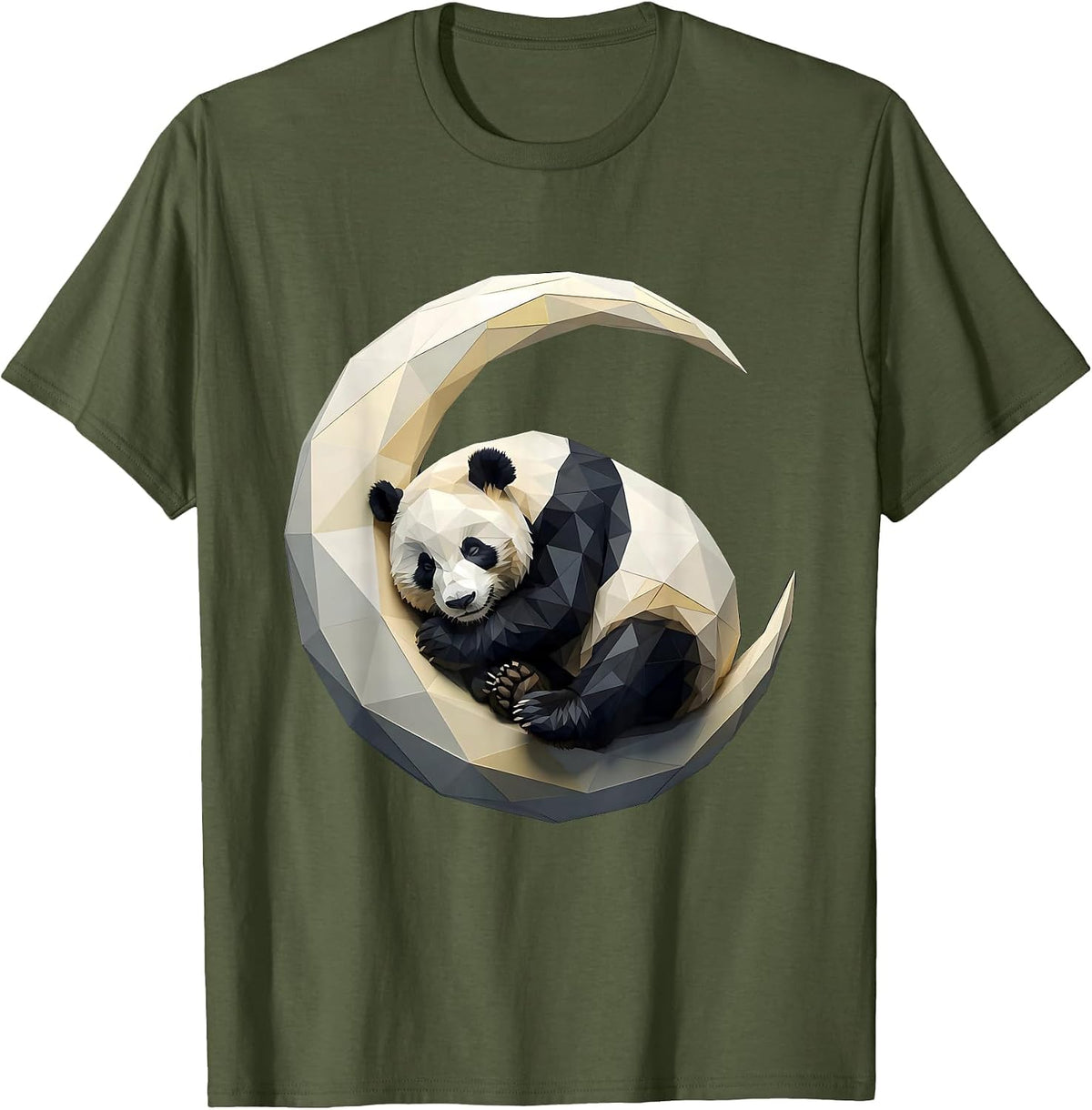 Men's Sleeping Panda Crescent Moon Cute Graphic Tee T-Shirt - Olive Green