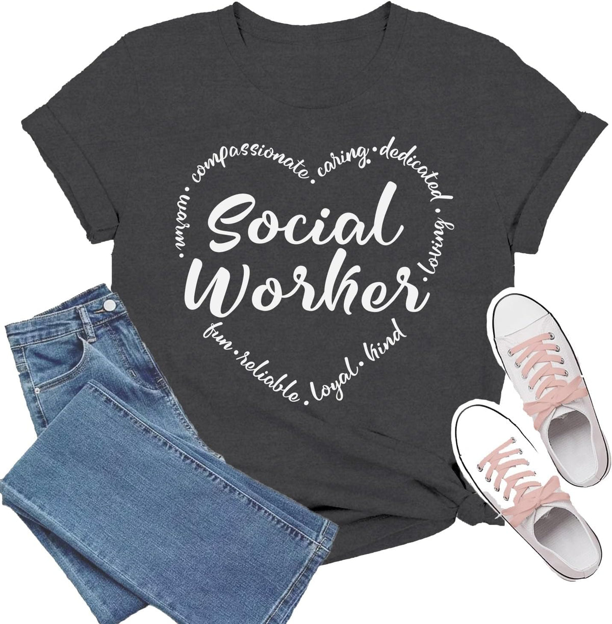 Social Worker Shirt Social Work Life T-Shirt Letters Heart Printing Tee Tops - Grey
