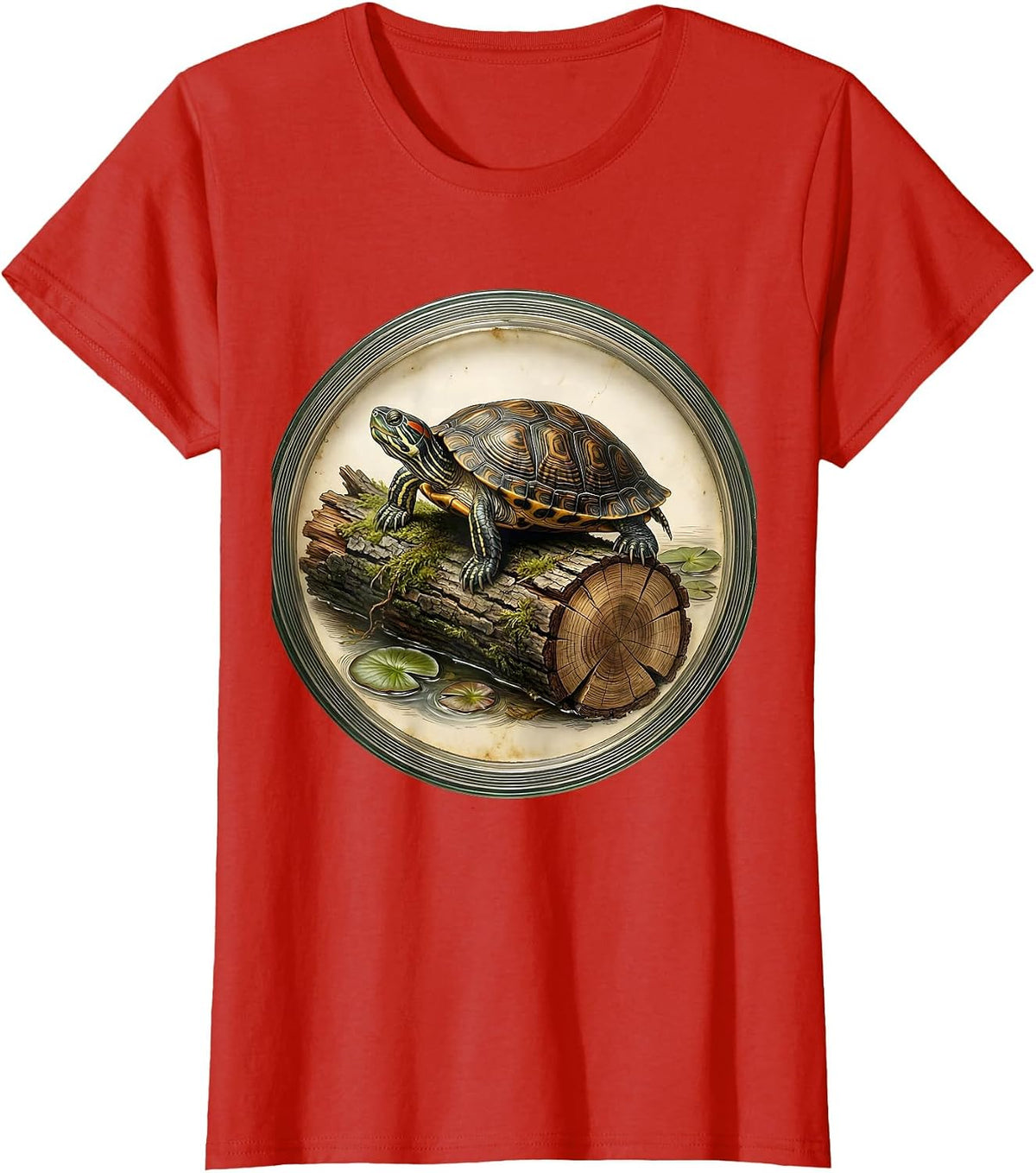 Turtle Sunbathing on a Log Nature Art T-Shirt - Red