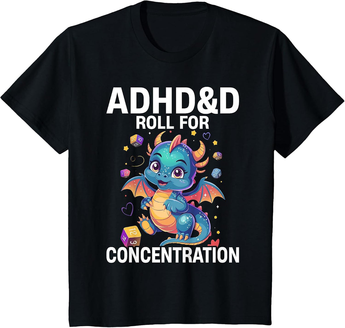 ADHD&D Roll for Concentration Cute Watercolor Dragon T-Shirt - Black