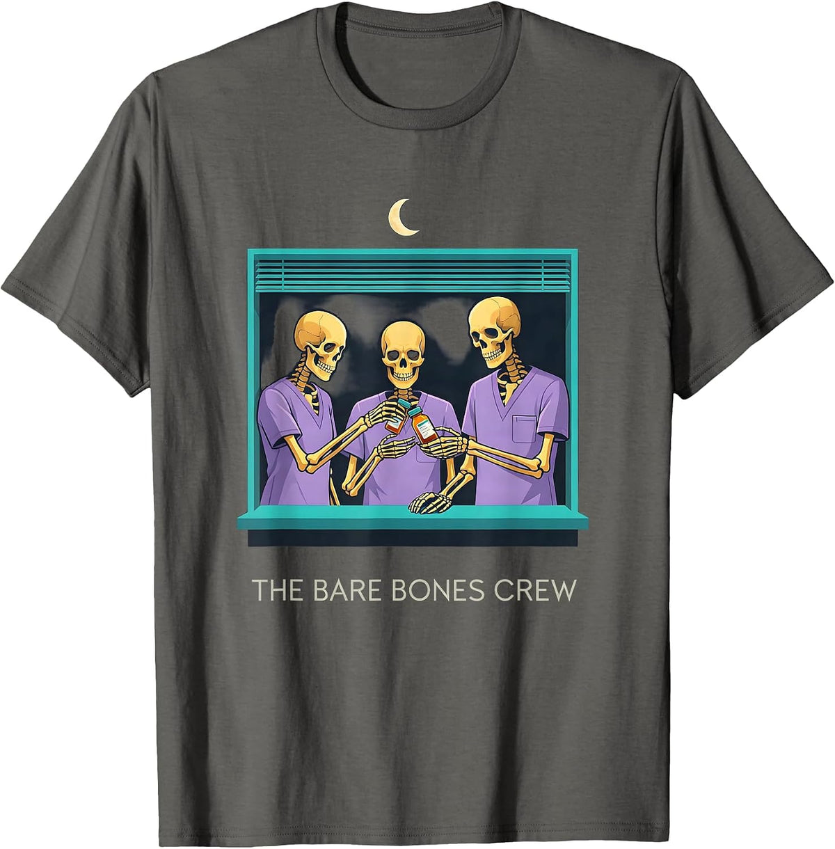 Men's The Bare Bones Crew Funny Pharmacy Tech Halloween Crew T-Shirt - Asphalt Grey