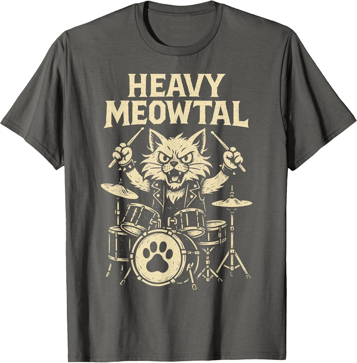 Heavy MEOWTAL - Cat Drummer Rock Music T-Shirt - Asphalt Grey