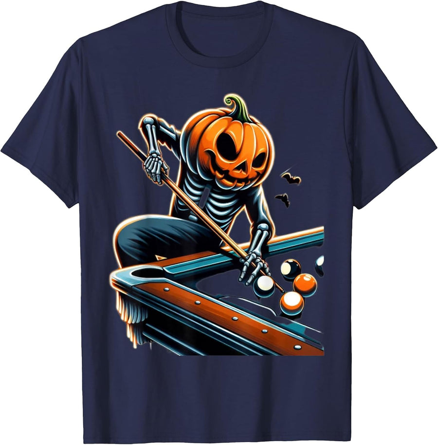 Funny Halloween Billiards Skeleton Pumpkin T-Shirt - Navy Blue