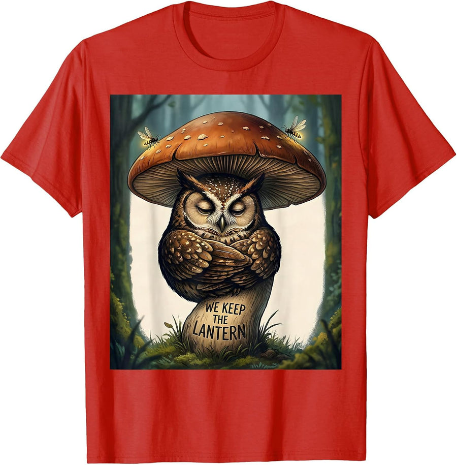 Men's We Keep The Lantern Cute Cottagecore Mushroom Owl Storybook T-Shirt - Red