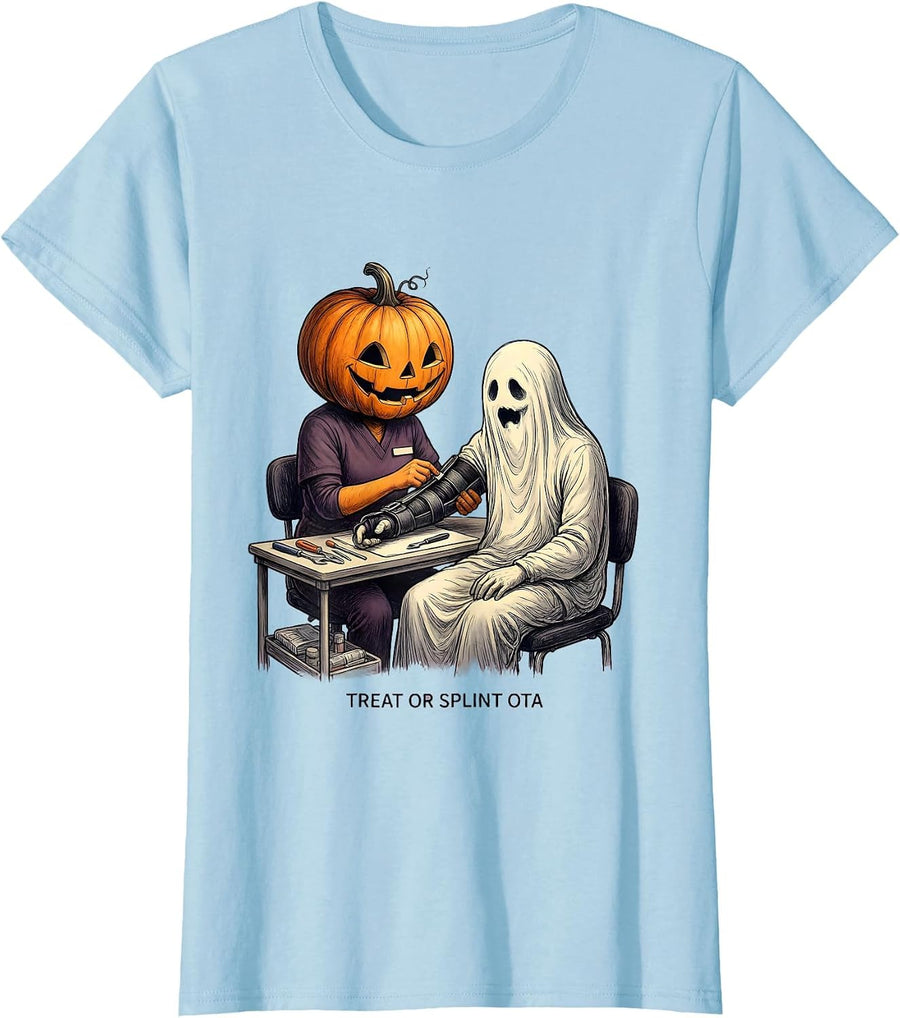 Women's Treat Or Splint OTA Funny Physical Therapy Halloween OT T-Shirt - Baby Blue