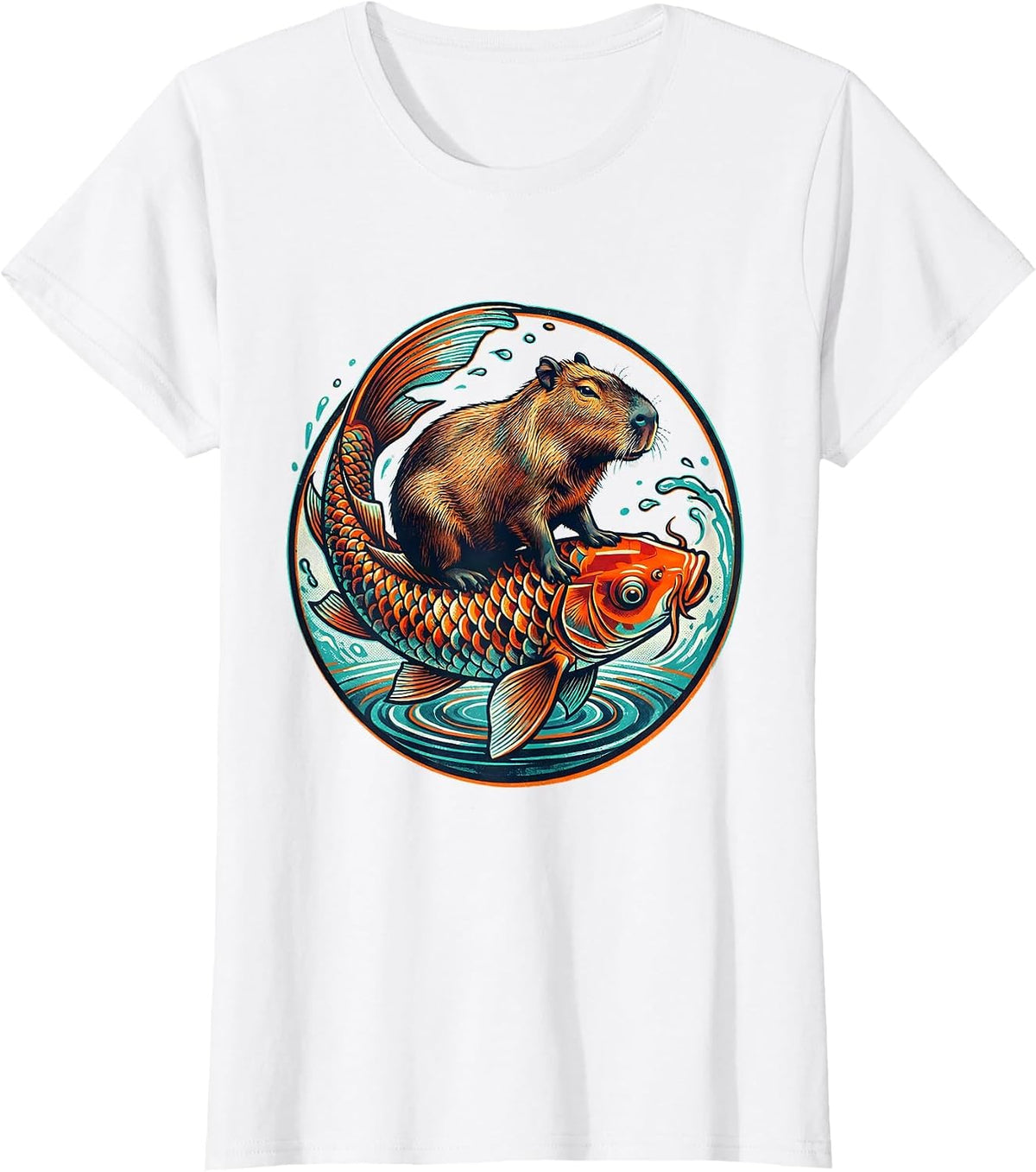 Capybara Riding Giant Koi Fish Graphic T-Shirt - White