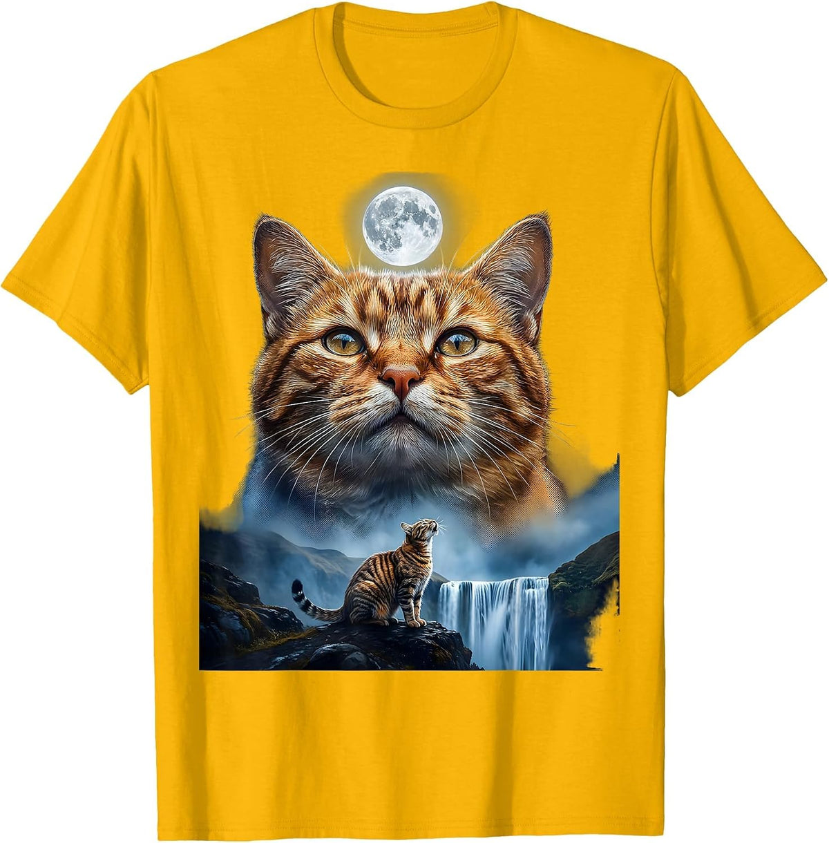 Men's Orange Tabby Cat Howling at Moon 90's Retro T-Shirt - Golden Yellow