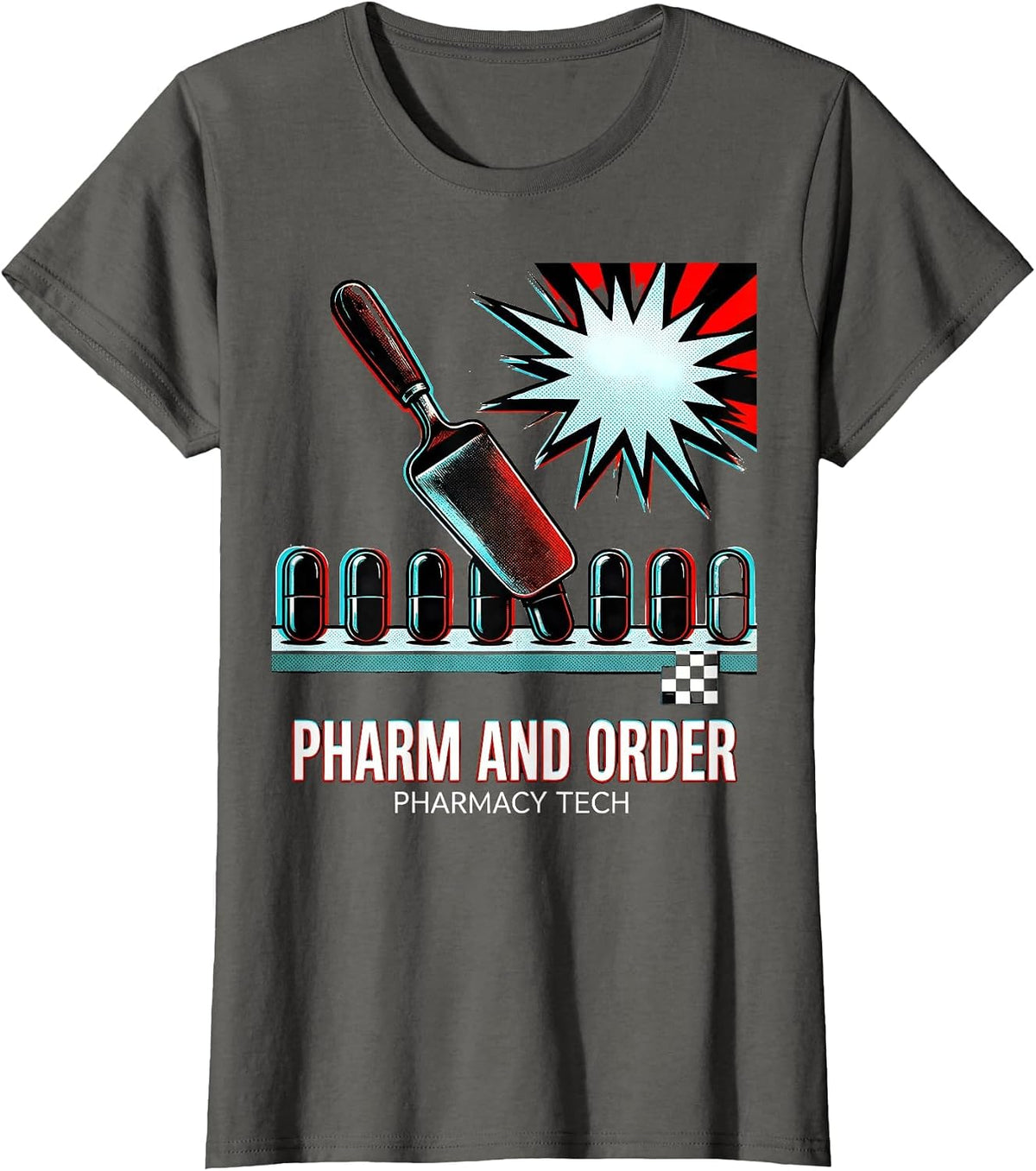 Women's Pharm And Order Pharmacy Tech Pop Art Funny Halloween T-Shirt - Asphalt Grey