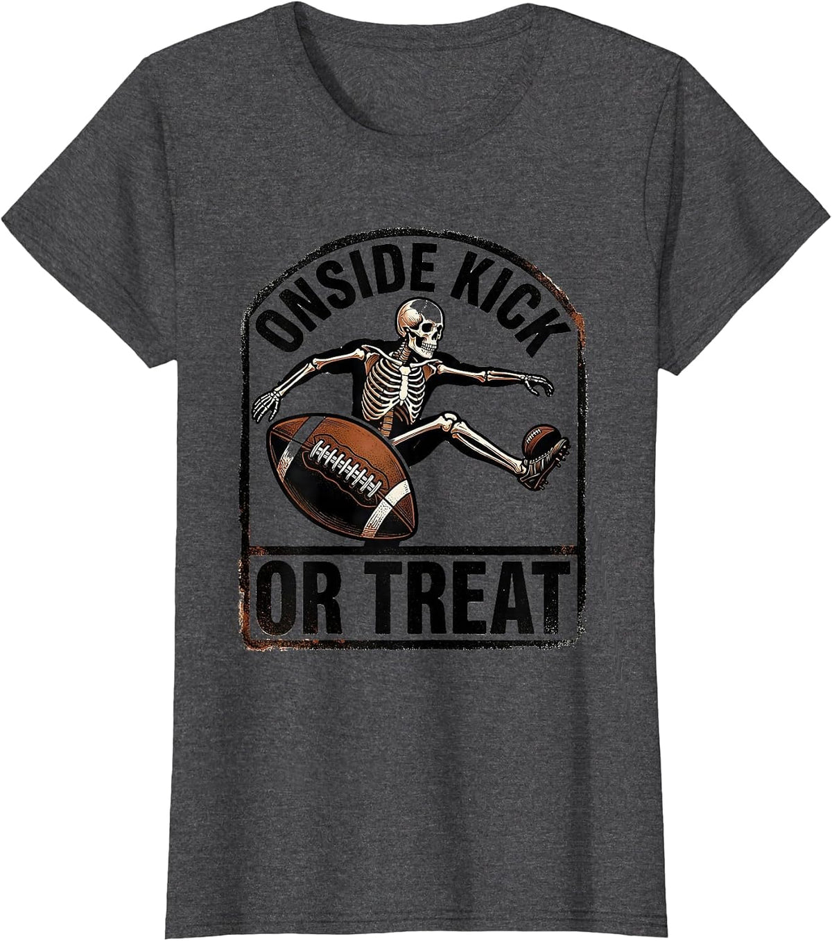 Women's Onside Kick Or Treat Rubber Stamp Skeleton Football T-Shirt - Dark Heather Grey