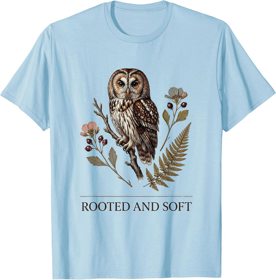 Men's Rooted and Soft Botanical Cottagecore Owl Floral Nature T-Shirt - Baby Blue