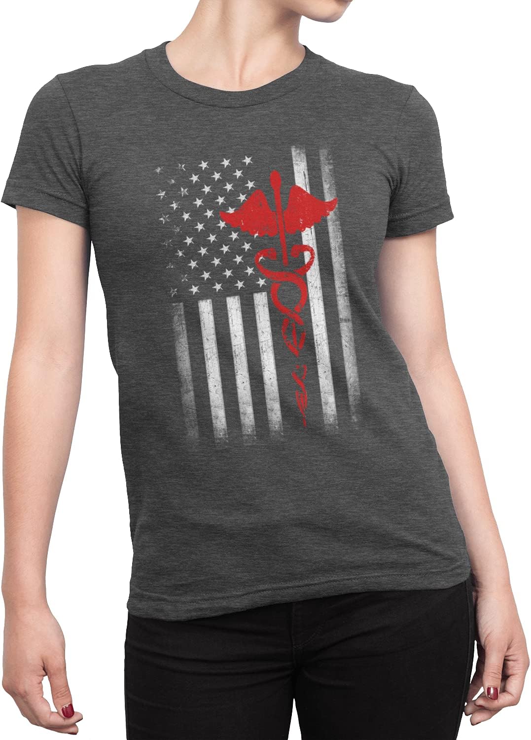 Ladies USA Flag Premium Ringspun Tee EMT Nurses Lives Matter Classic Fit - Heather Charcoal