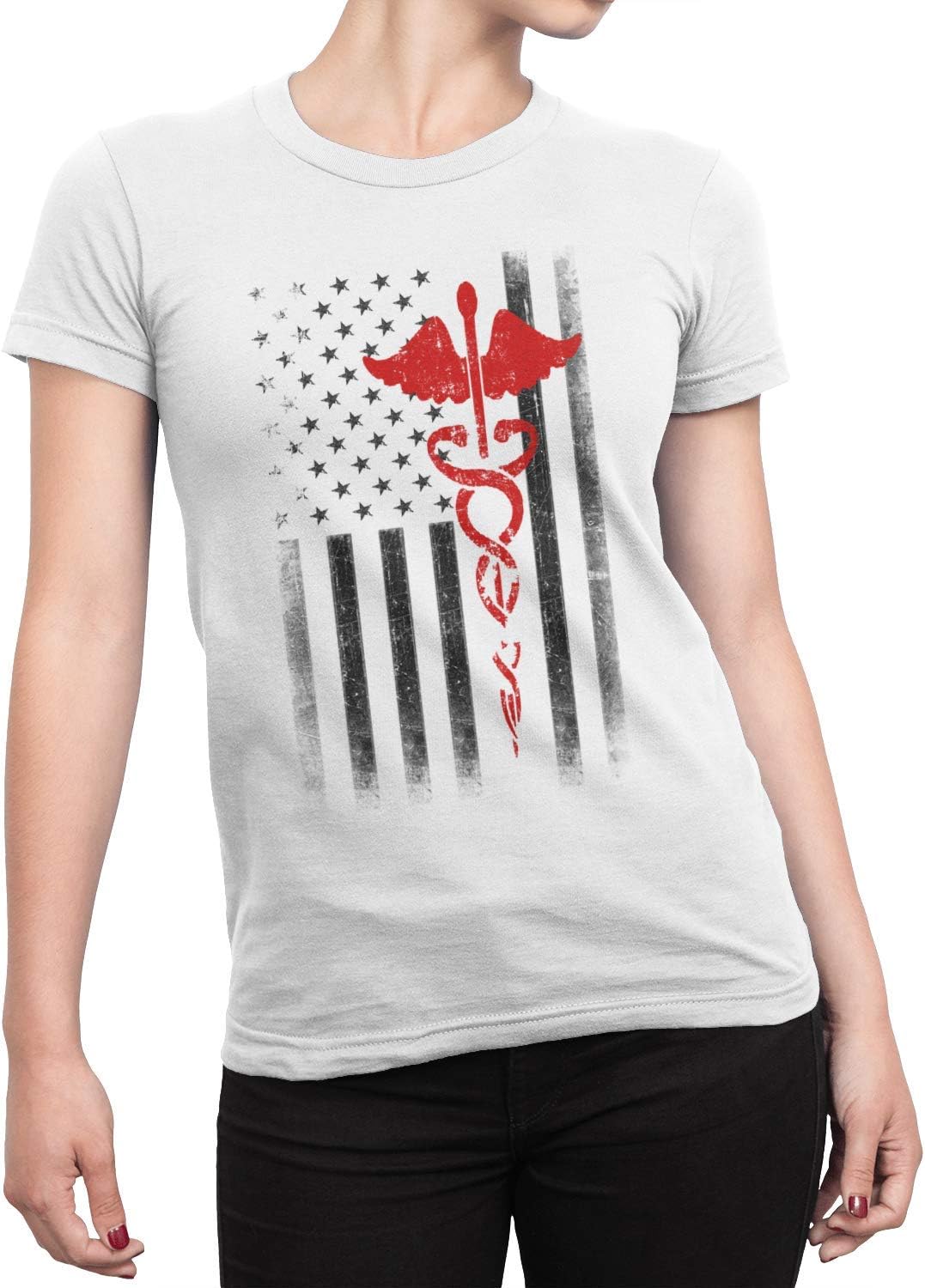 Ladies USA Flag Premium Ringspun Tee EMT Nurses Lives Matter Classic Fit - White