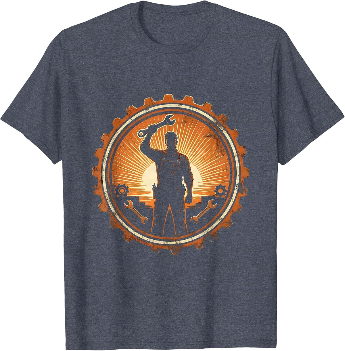 Mechanic Silhouette Garage Sunset Graphic T-Shirt - Heather Blue