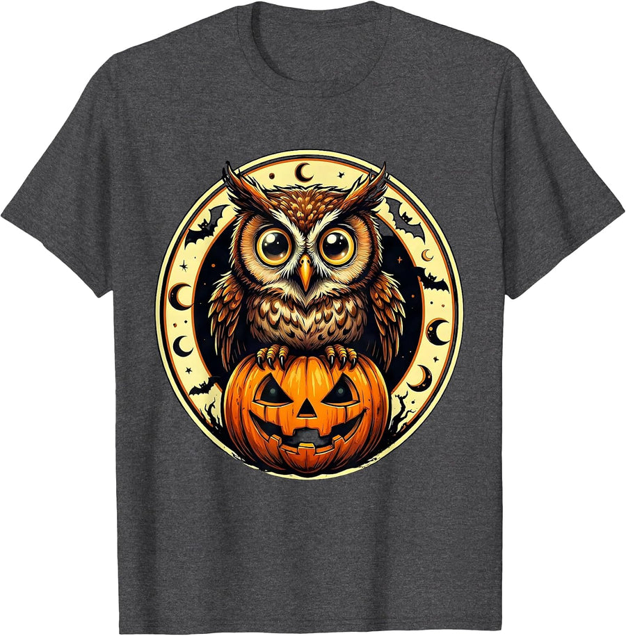 Men's Cute Halloween Owl on Glowing Pumpkin Design T-Shirt - Dark Heather Grey