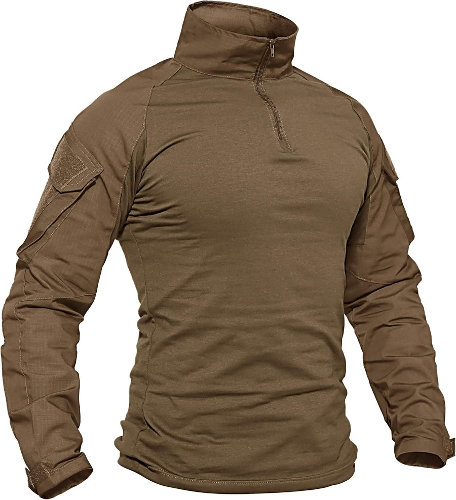 TACVASEN Men's Tactical Long Sleeve Combat Shirt 1/4 Zip Airsoft Hiking - Brown