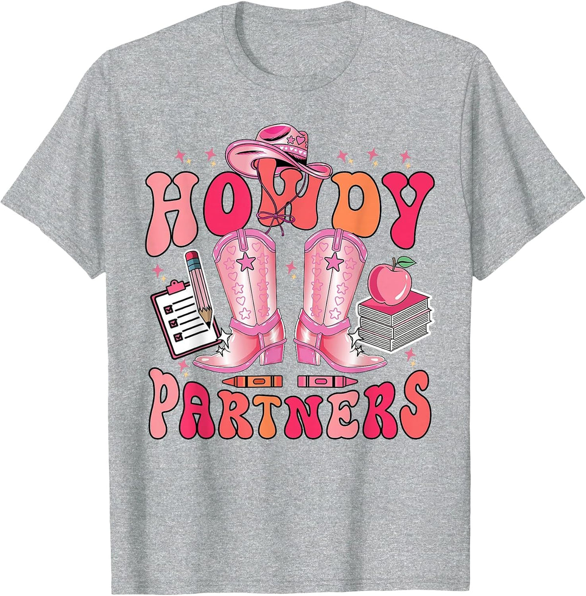 Cowgirl Teacher Howdy Partners Boots Back to School Rodeo T-Shirt - Heather Grey