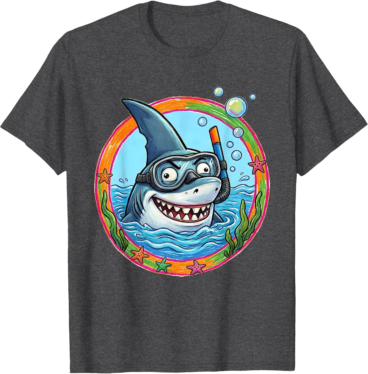 Men's Derpy Shark in Snorkel Underwater Funny Design T-Shirt - Dark Heather Grey