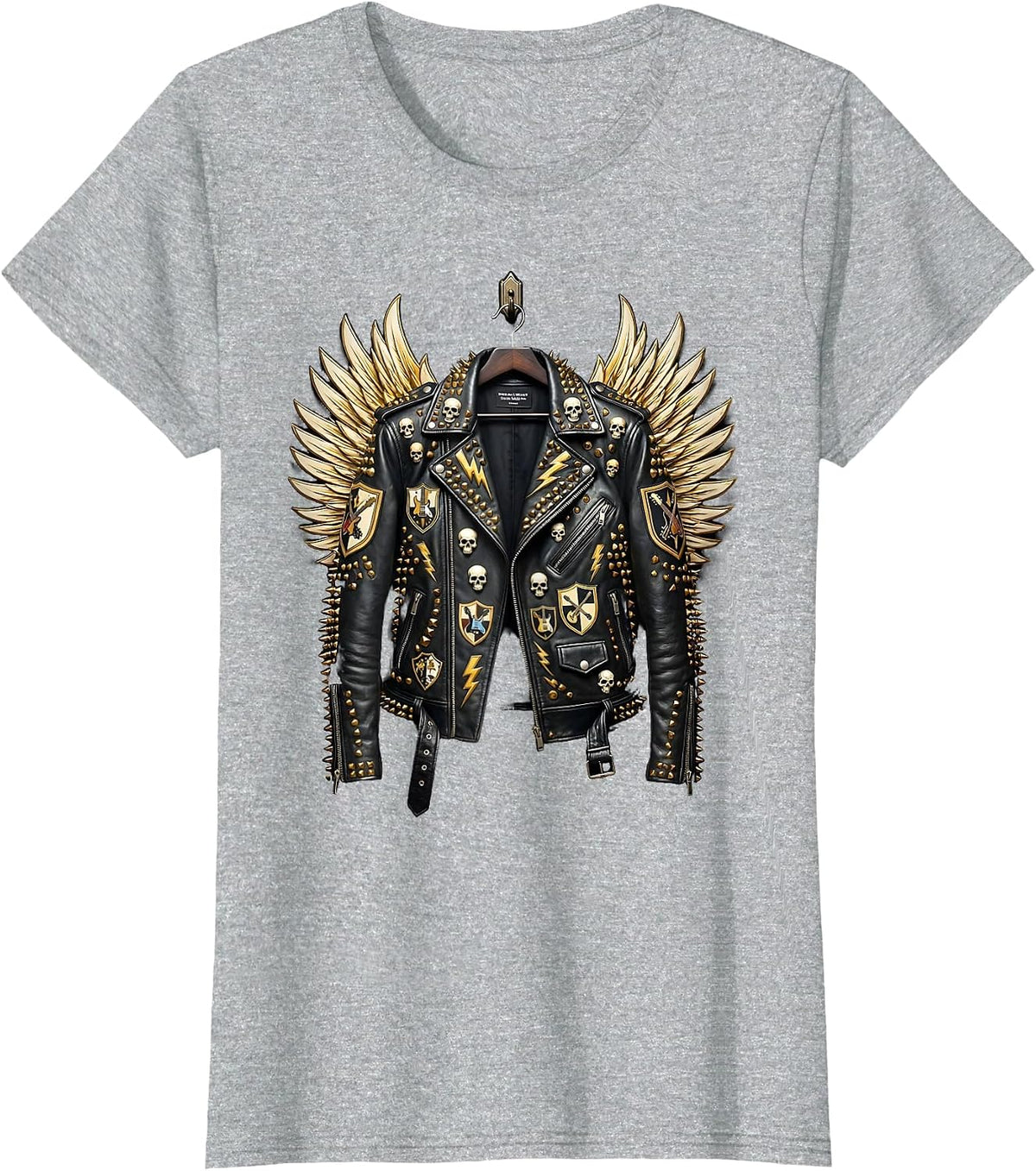 Rock Leather Jacket Patches and Pins Graphic T-Shirt - Heather Grey