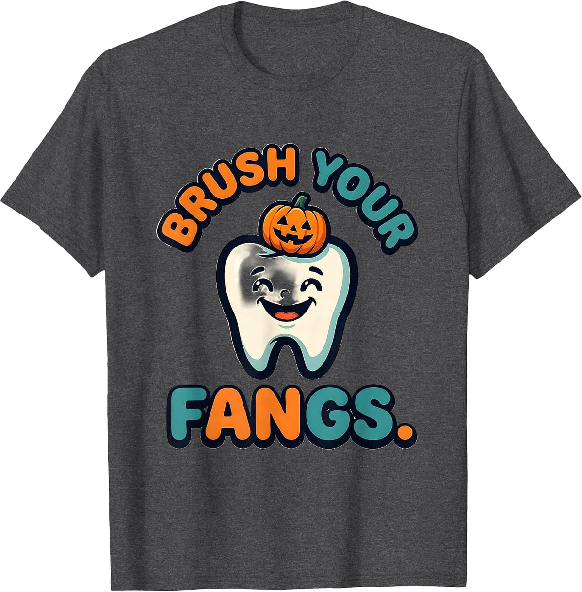 Brush Your Fangs Cartoon Halloween Dentist Dental Hygienist T-Shirt - Dark Heather Grey
