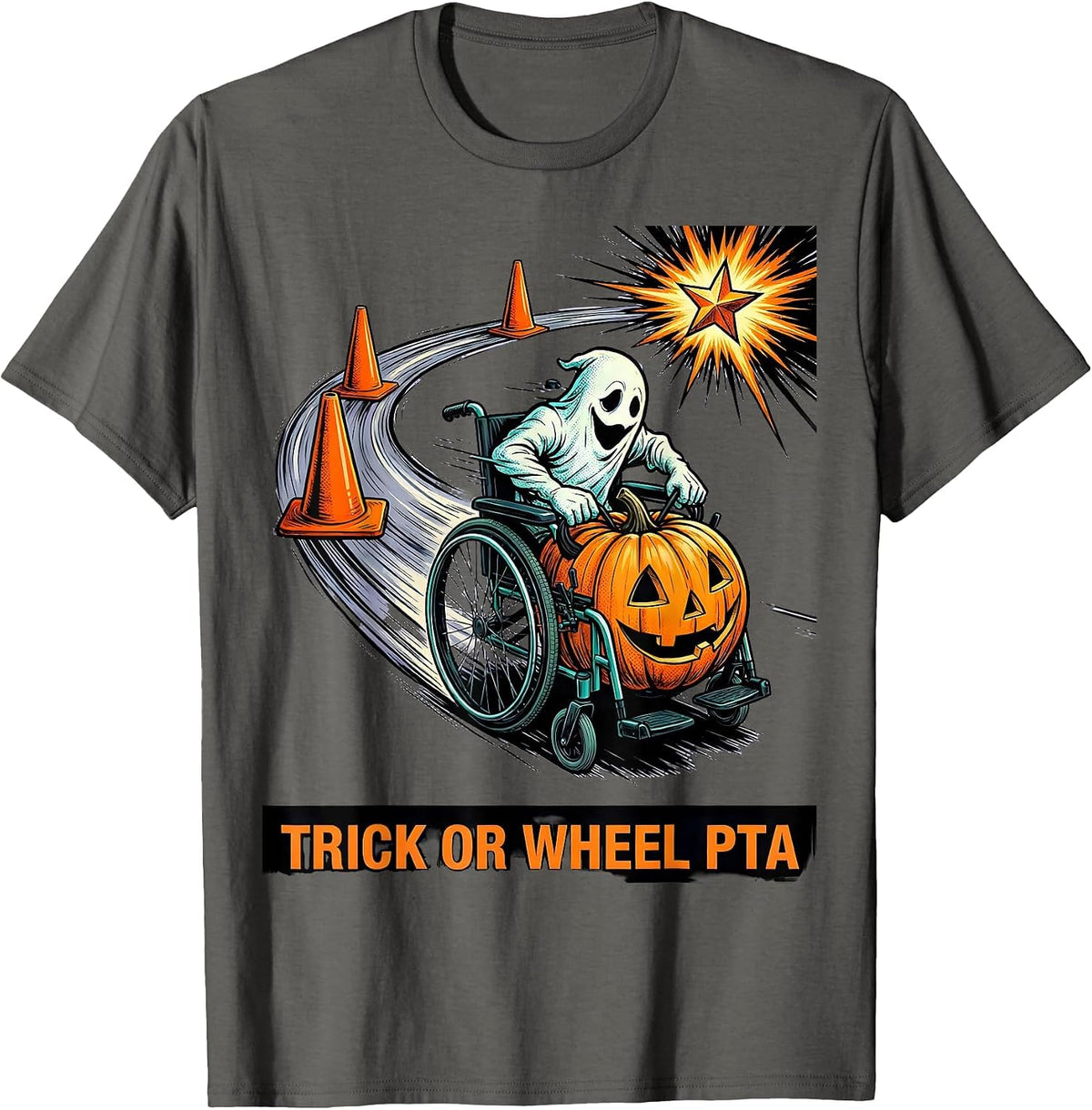 Men's Trick Or Wheel PTA Comic Ghost Physical Therapy Halloween T-Shirt - Asphalt Grey