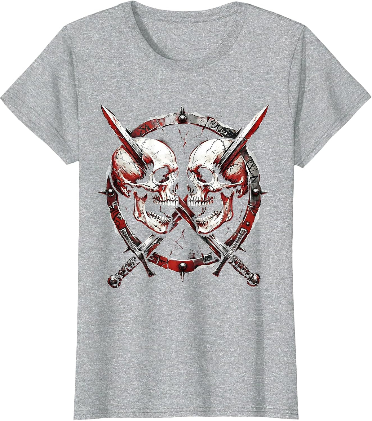 Dual Skulls Crossed Swords Death Metal Graphic T-Shirt - Heather Grey