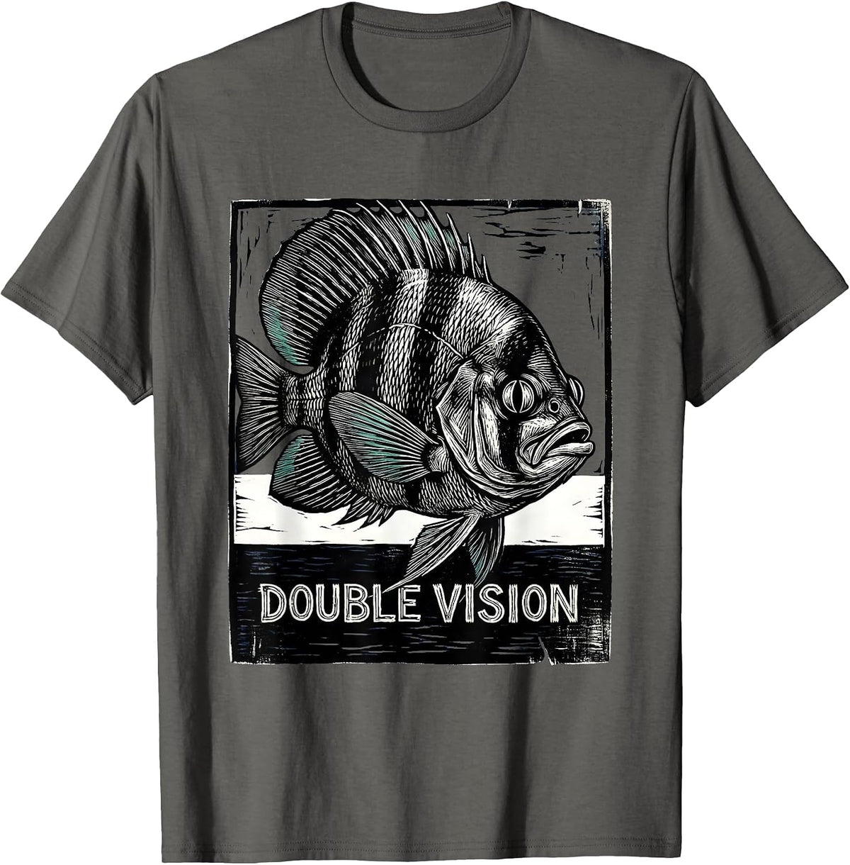 Double Vision Woodcut Engraving Shark Ocean Wildlife Humor T-Shirt - Asphalt Grey