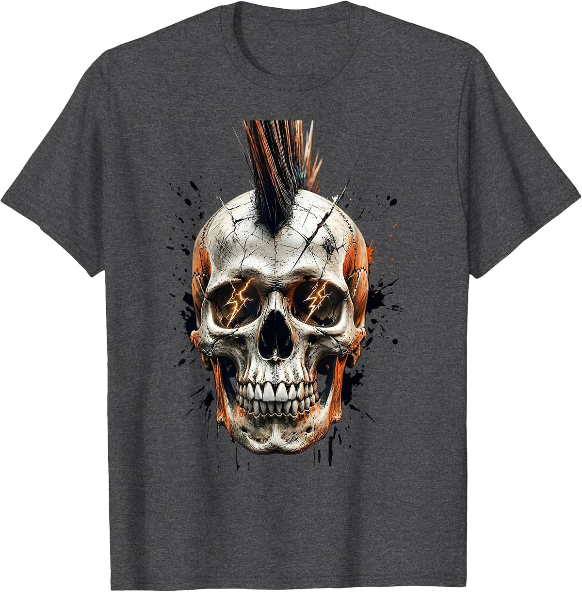 Punk Mohawk Skull Lightning Bolt Eyes Design T-Shirt - Dark Heather Grey