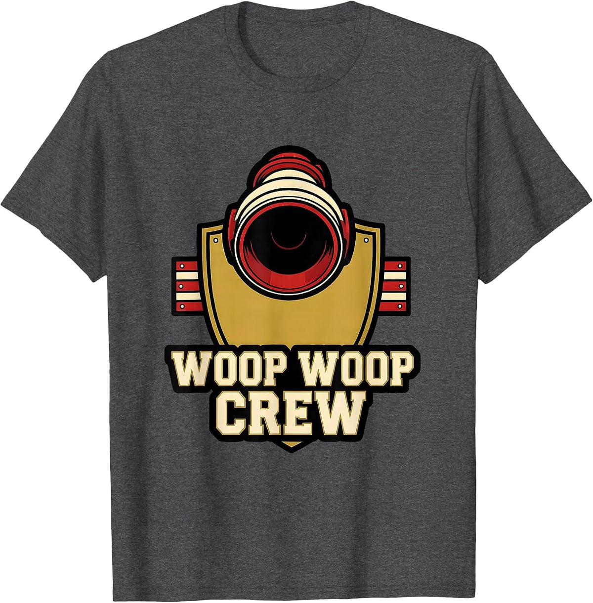Men's Woop Woop Crew Sports Firefighter Humor Memorial Tribute T-Shirt - Dark Heather Grey