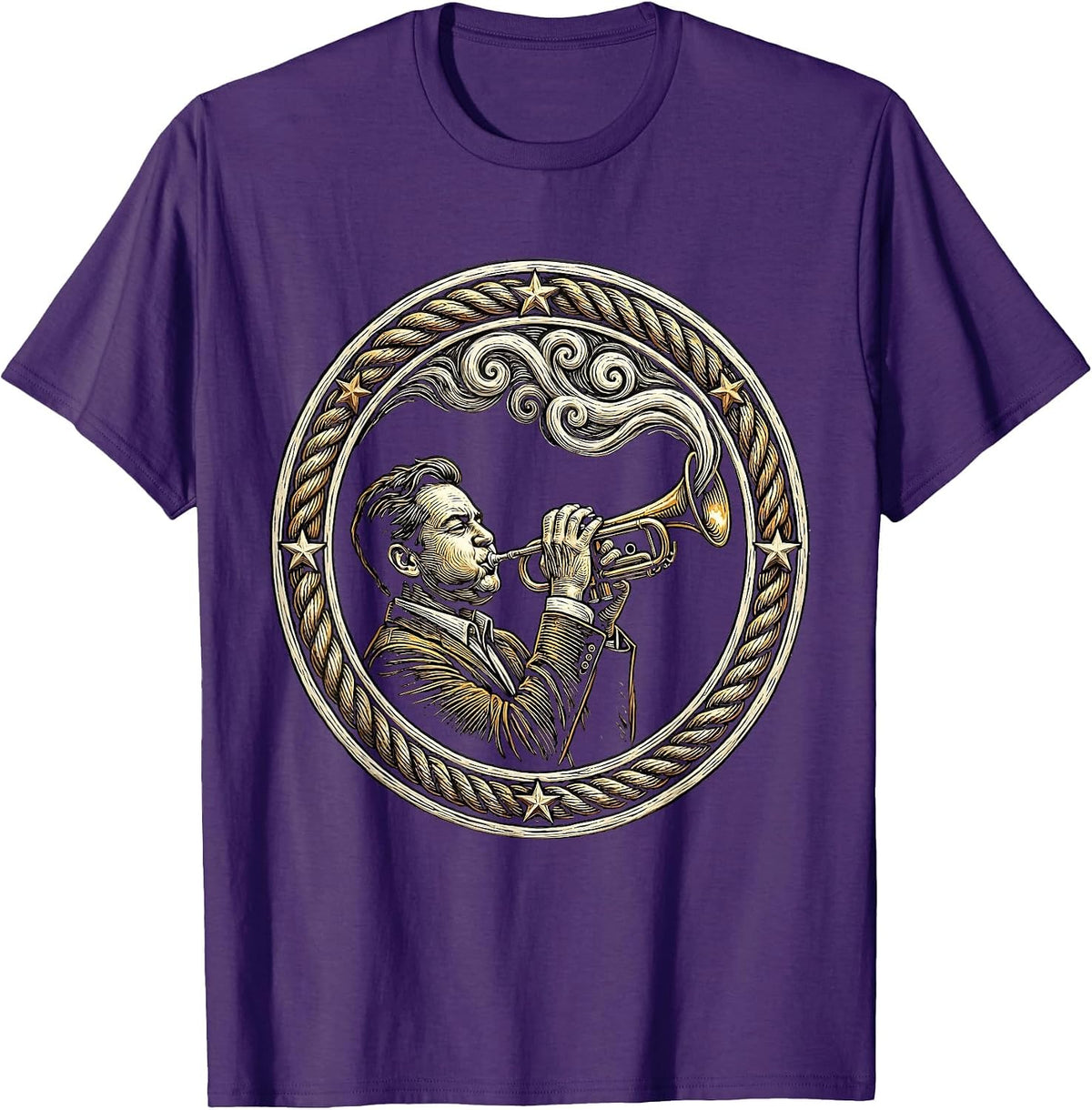 Cuban Trumpet Player with Smoke Swirls Art T-Shirt - Purple
