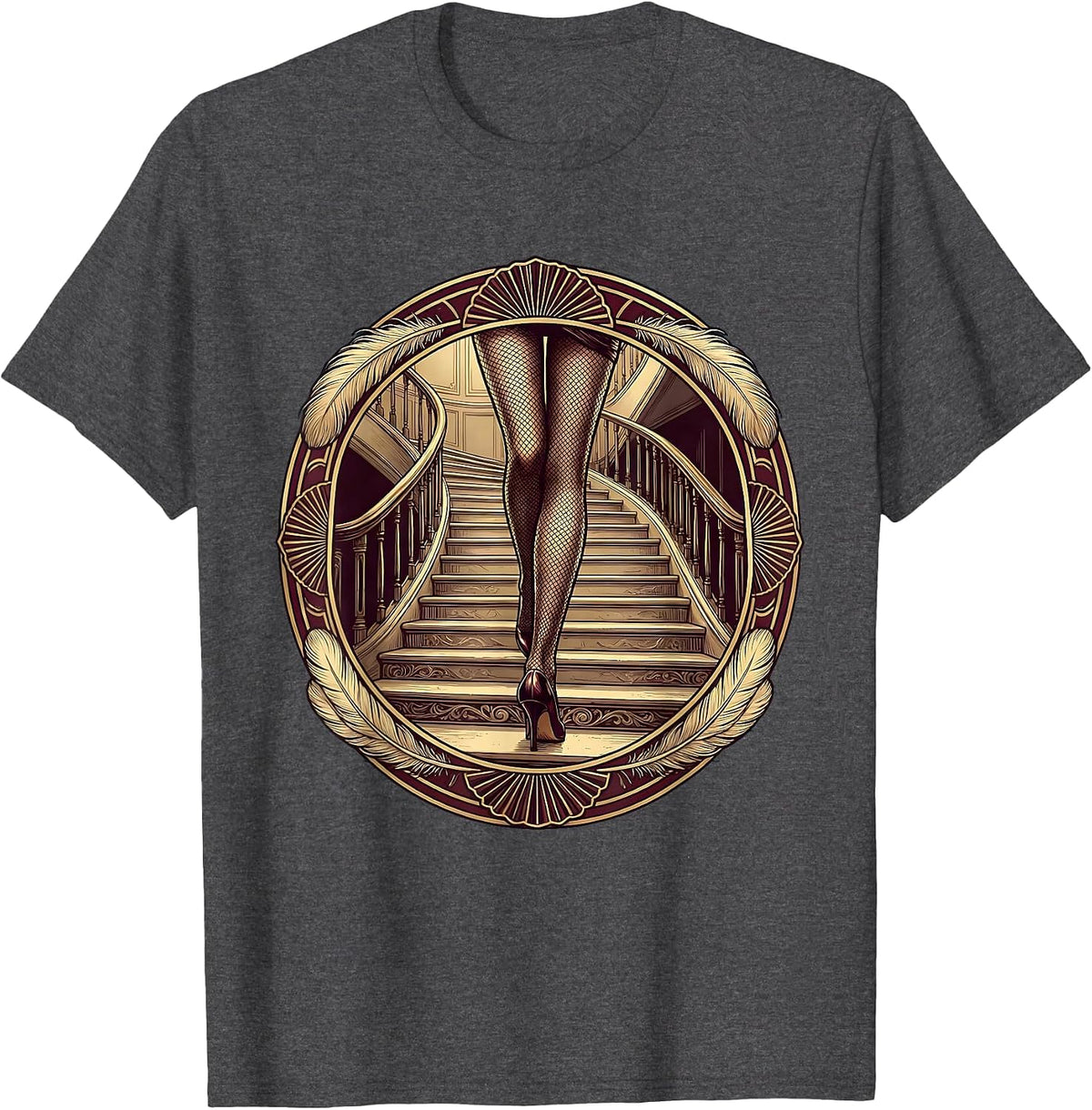 Men's Showgirl Grand Staircase Fishnet Legs Illustration T-Shirt - Dark Heather Grey