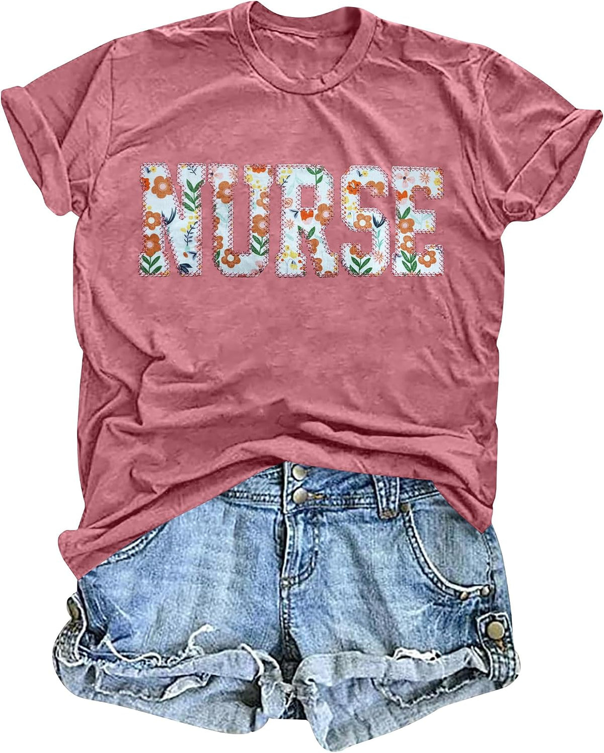 Nurse Shirts for Women: Embroidered Nurse T-Shirt Gift for Nurse Short Sleeve Tee Tops - Pink