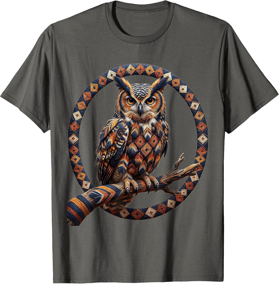 Tie Dye Owl Perched on Branch Color Wash Art T-Shirt - Asphalt Grey