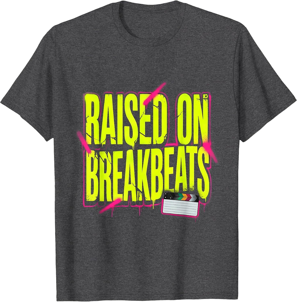 Men's Raised On Breakbeats Graffiti 90s Hip-Hop Rap Lyric T-Shirt - Dark Heather Grey