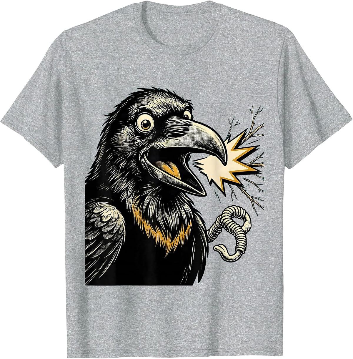 Men's Oversized Crow Retro Cartoon Bird Lover Dark Humor T-Shirt - Heather Grey