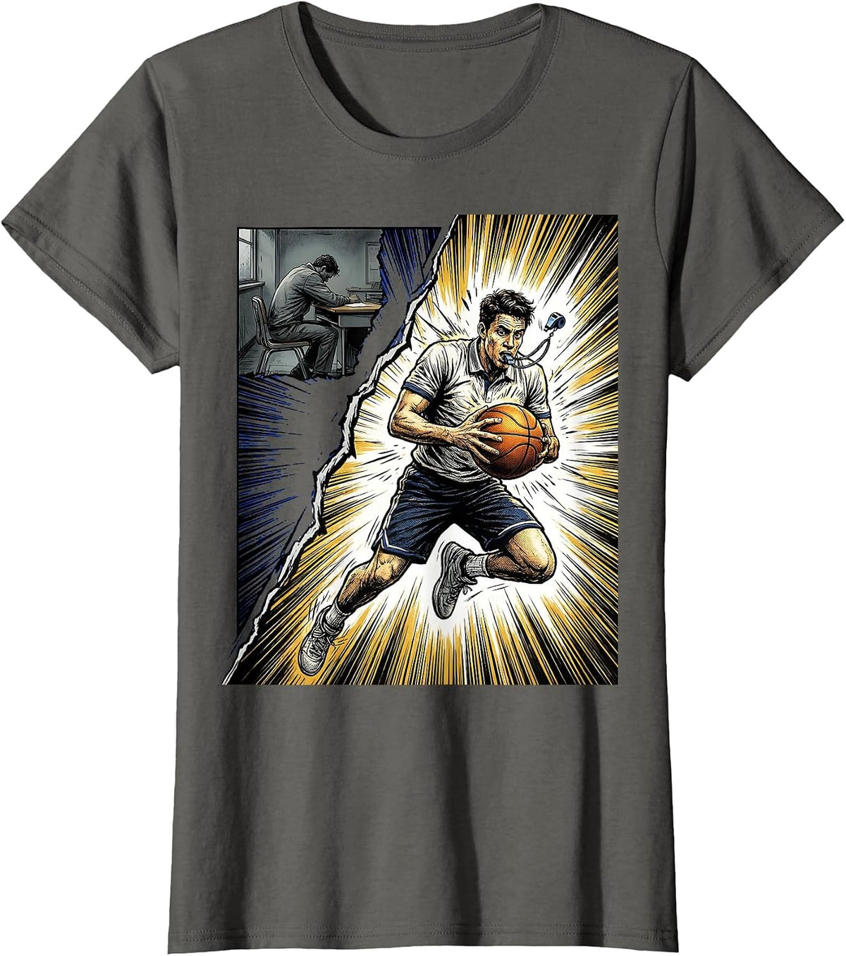 Women's PE Teacher Comic Book Basketball Back To School T-Shirt - Asphalt Grey