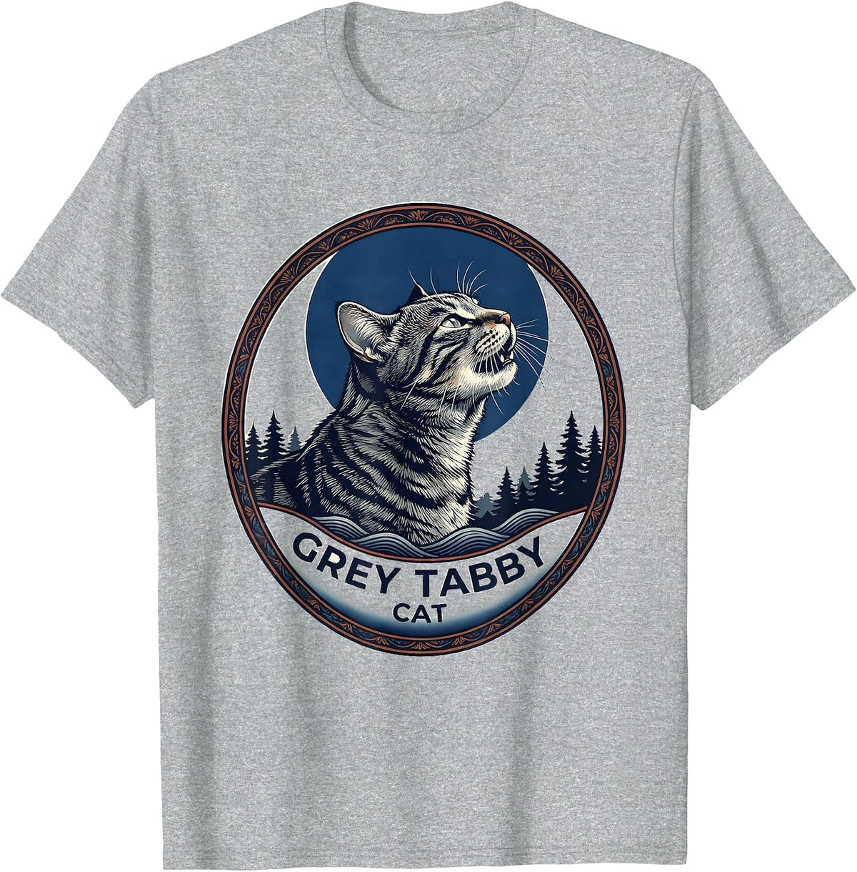 Men's Grey Tabby Cat Howling at Moon Ukiyo-e Retro Cat Owner T-Shirt - Heather Grey