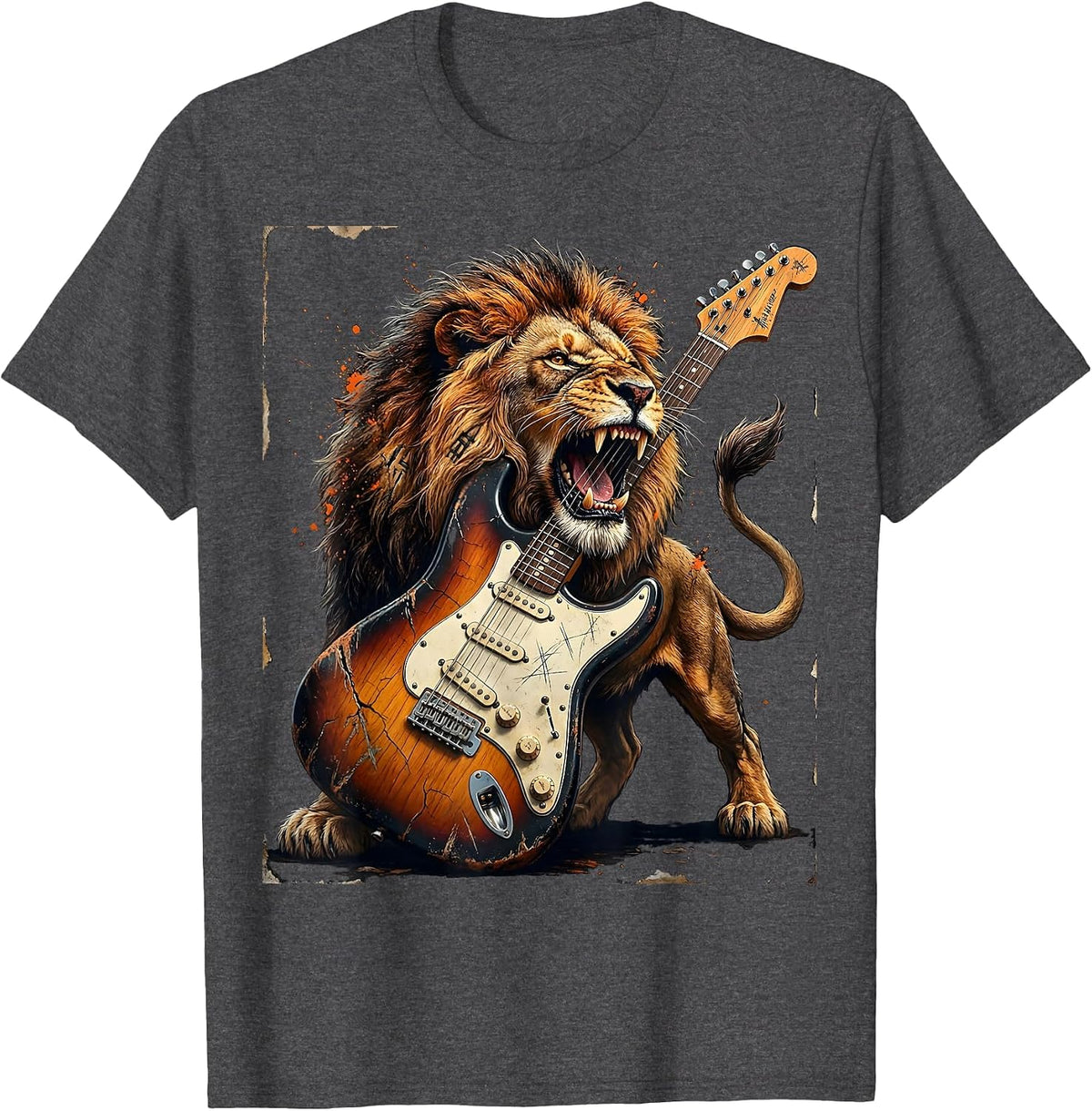 Roaring Lion Electric Guitar Rock And Roll Graphic T-Shirt - Dark Heather Grey