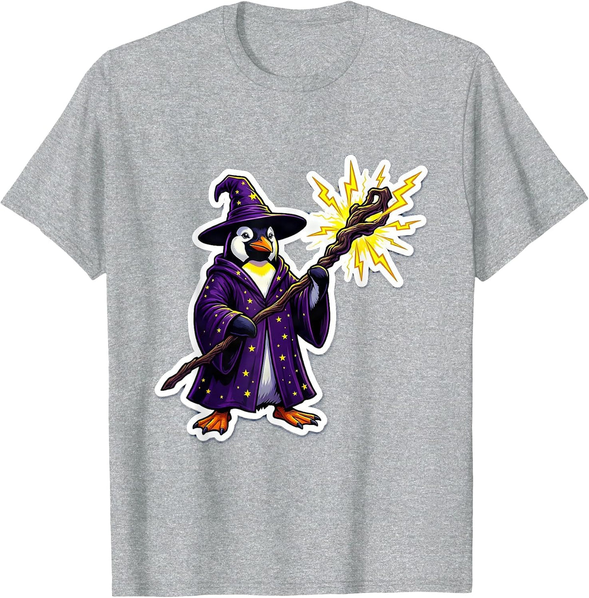 Men's Penguin Wizard Lightning Staff Fantasy Art T-Shirt - Heather Grey