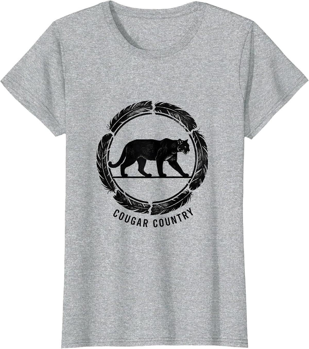 Women's Cougar Country Rubber Stamp Wildlife Portrait Nature Art T-Shirt - Heather Grey