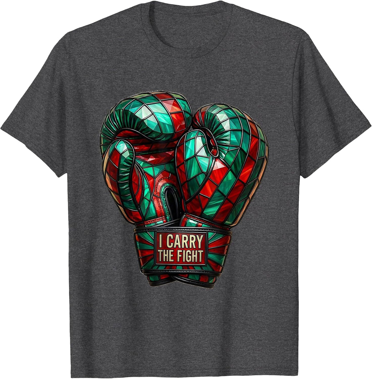 I Carry The Fight Stained Glass Mosaic Mexican Boxing Gloves T-Shirt - Dark Heather Grey