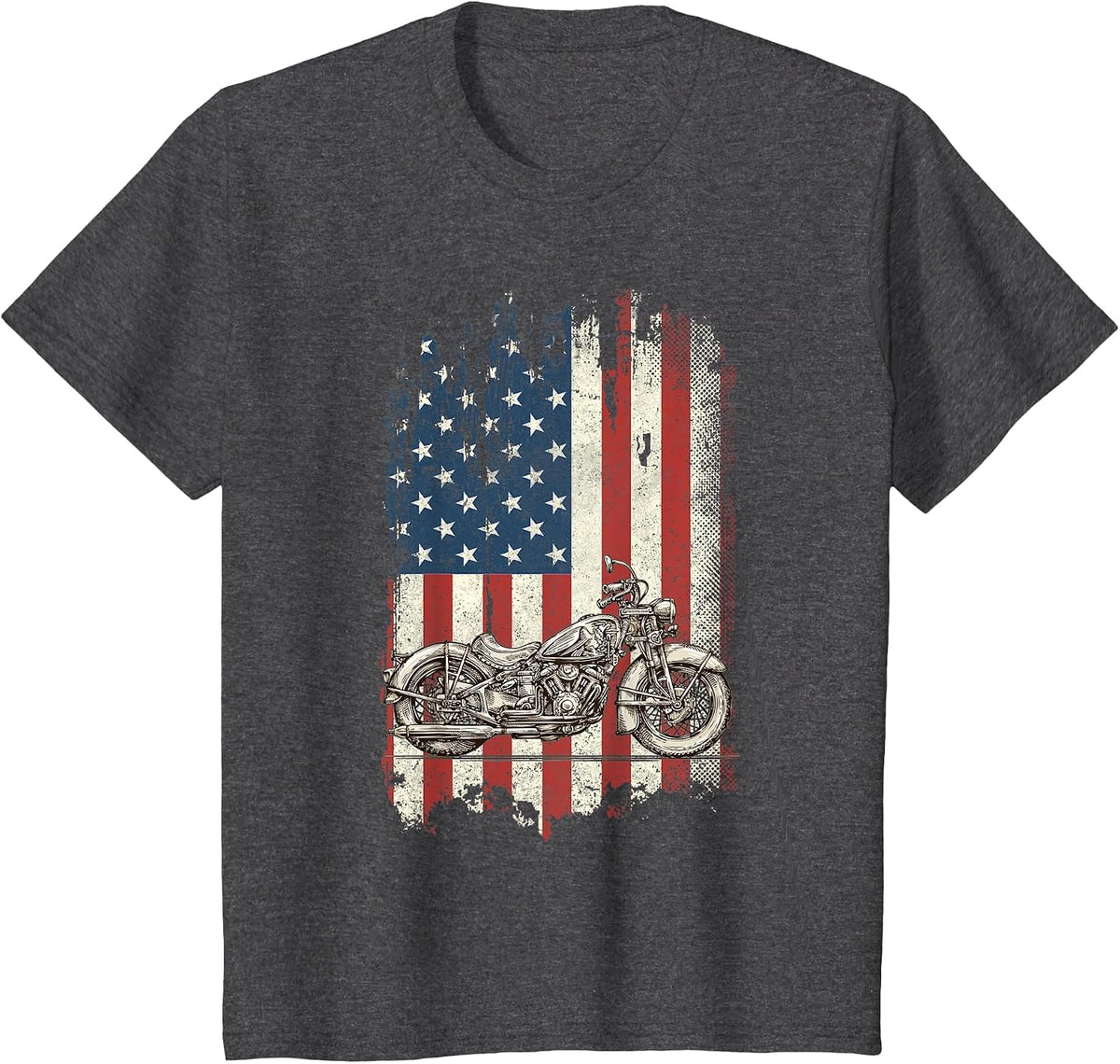 Motorcycle American Flag Distressed Vintage Biker Patriotic T-Shirt - Dark Heather Grey