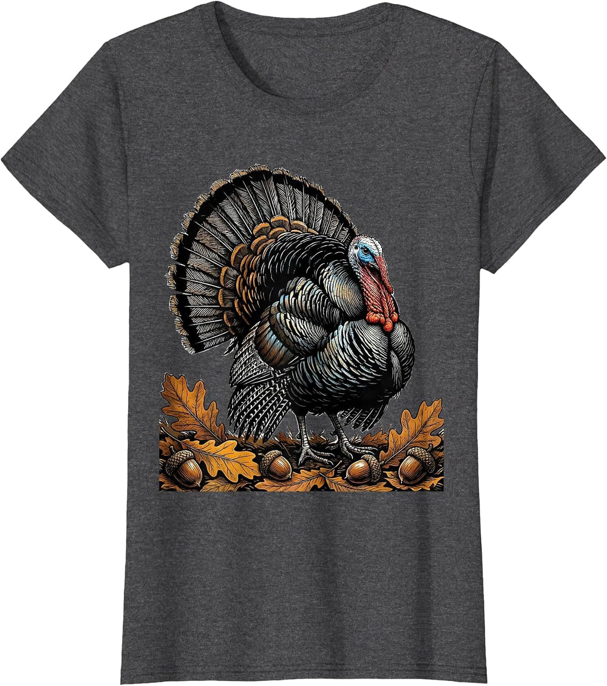 Women's Wild Turkey Strutting Autumn Leaves Hunting Design T-Shirt - Dark Heather Grey