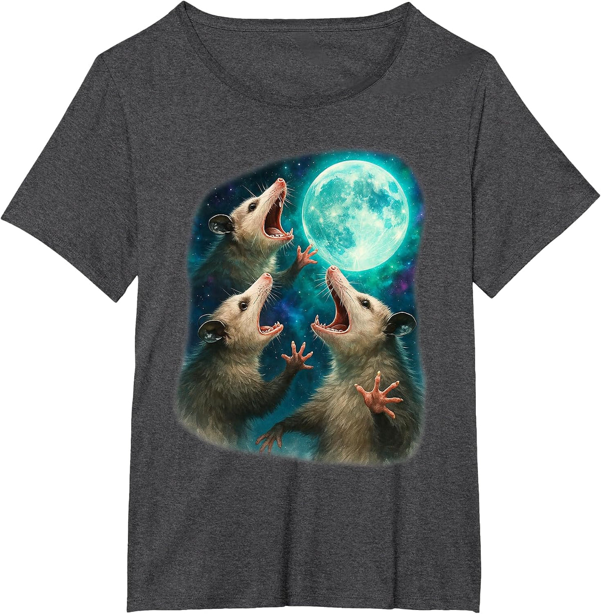 Three Possum Moon Funny Weird Cursed Meme 3 Opossums Howl T-Shirt - Dark Heather Grey