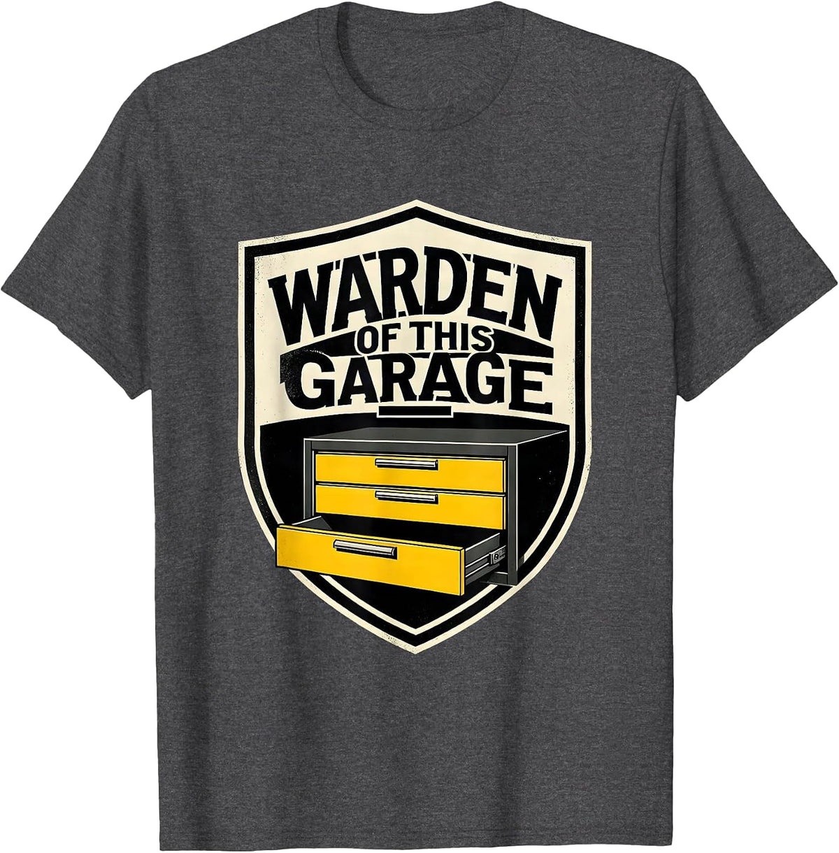 Men's Warden Of This Garage Stencil Graphic Mechanic Dad Deadpan T-Shirt - Dark Heather Grey