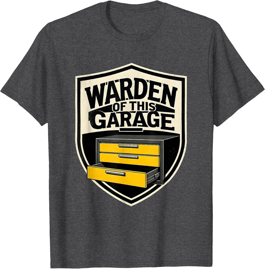Men's Warden Of This Garage Stencil Graphic Mechanic Dad Deadpan T-Shirt - Dark Heather Grey