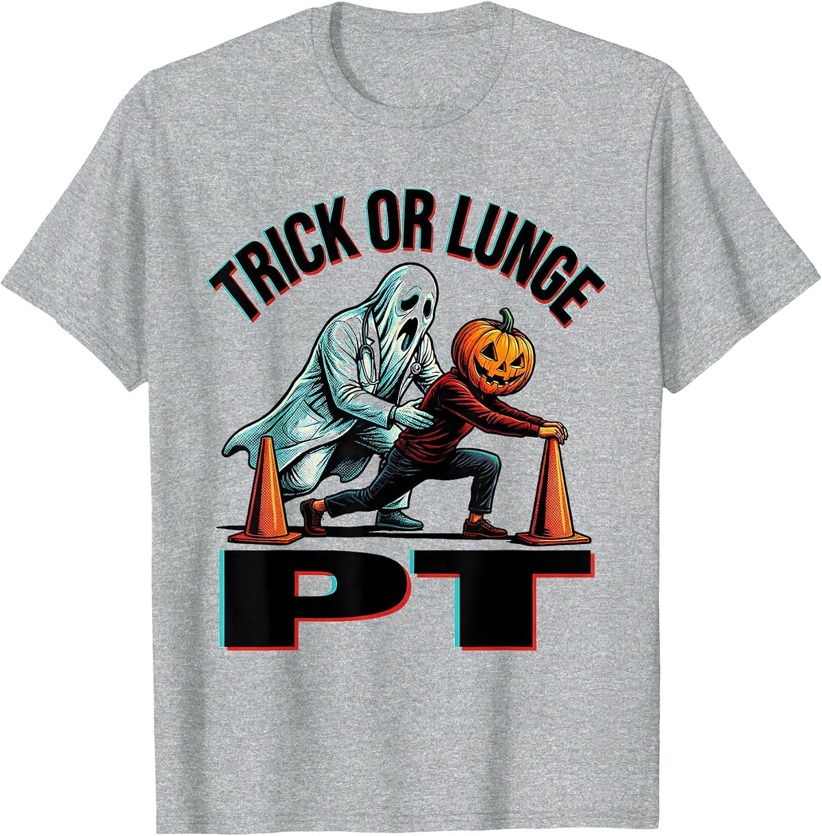 Men's Trick Or Lunge PT Pop Art Physical Therapy Halloween Humor T-Shirt - Heather Grey