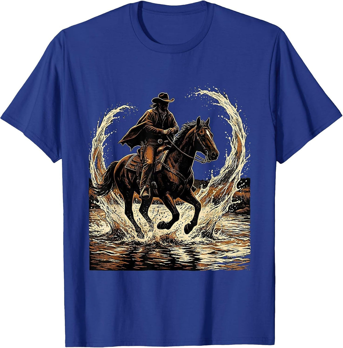 Cowboy Riding Horse Through River Splash T-Shirt - Royal Blue
