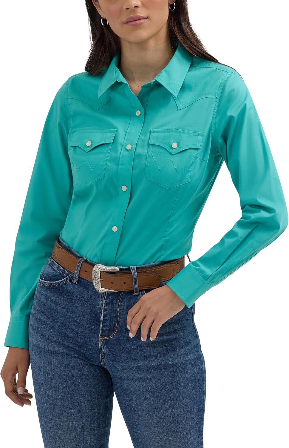 Wrangler Women's Retro Long Sleeve Cool Blue Solid Western Shirt - Bright Aqua