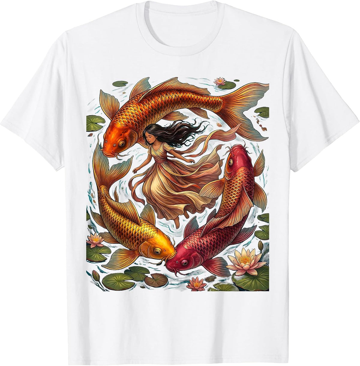 Mexican Girl Swimming With Colorful Koi Fish Art T-Shirt - White